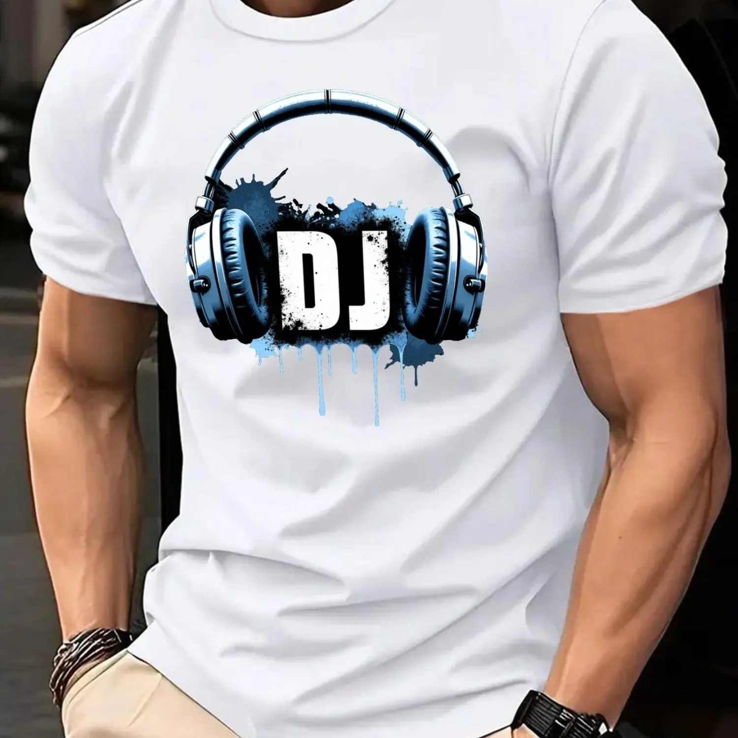Men'S DJ Headphone Graphic T-Shirt Micro-Stretch Knit Casual Summer Tee Regular Fit Breathable Cotton Blend Men Clothing