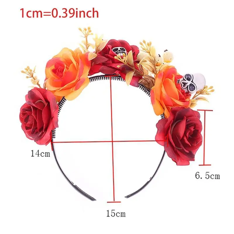 S1Y1 Day of the Dead Skull Headband Multicolored Rose Floral Hair Hoop