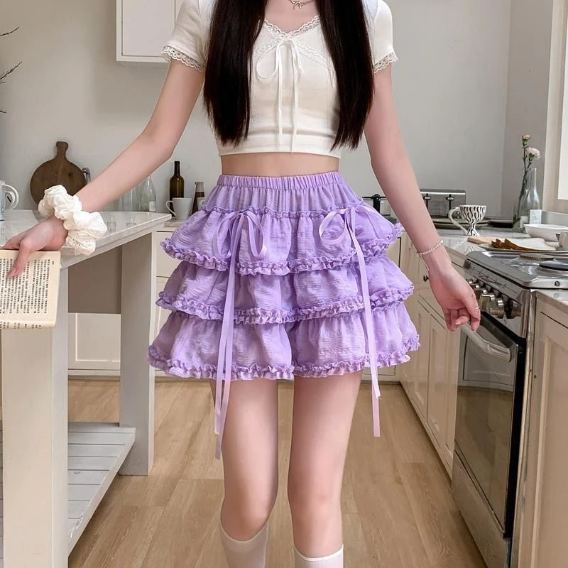 Summer Harajuku Sweet Skirts Women Ball Gown Y2k Japanese Lolita Kawaii JK Ruffles Elastic Waist Mini Skirt with Safety Shorts