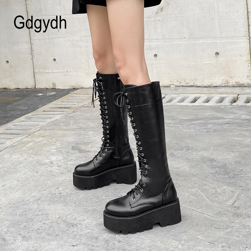 

Gdgydh Chunky Platform Heels Pu Leather Knee High Boots Women Retro Punk Long Boots Woman Lace Up Booties Mujer 2022 New Fall