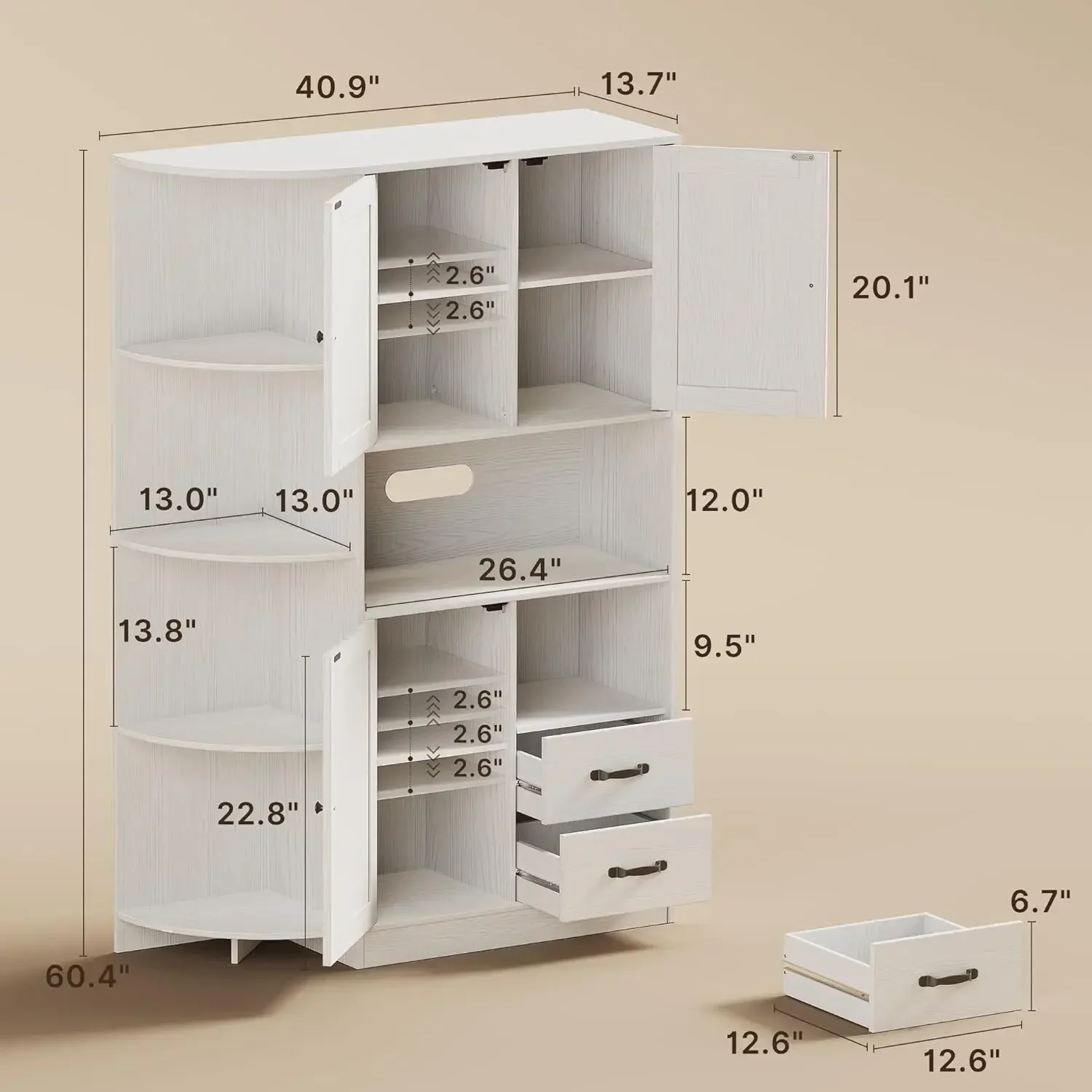 Armoire de Rangement de Garde-Manger de Cuisine de Ferme avec Portes et Étagères Réglables, Grande Huche de Cuisine avec Aères de Proximité, Planche Chi, 60.4 Pouces