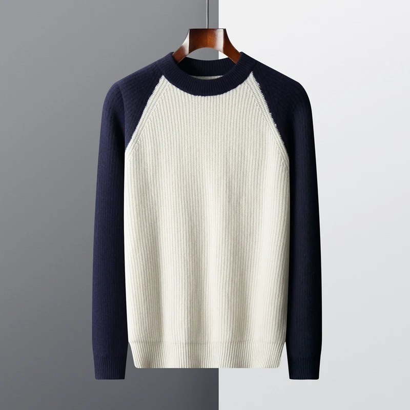 100% Merino Wool Men's O-neck Thickened Pullover Casual Loose Contrast Color Cashmere Sweater 2023 Autumn Winter Warm Underlay