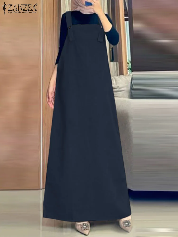 2024 ZANZEA Women Spaghetti Strap Muslim Overalls Dress Vintage Solid Abaya Marocain Sundress Eid Mubarek Hijab Islamic Clothing