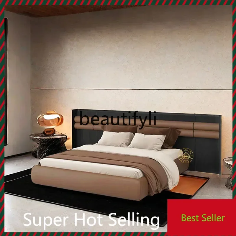 

A71 Italian light luxury microfiber leather master bedroom bed modern high-end home luxury villa widescreen solid wood double be