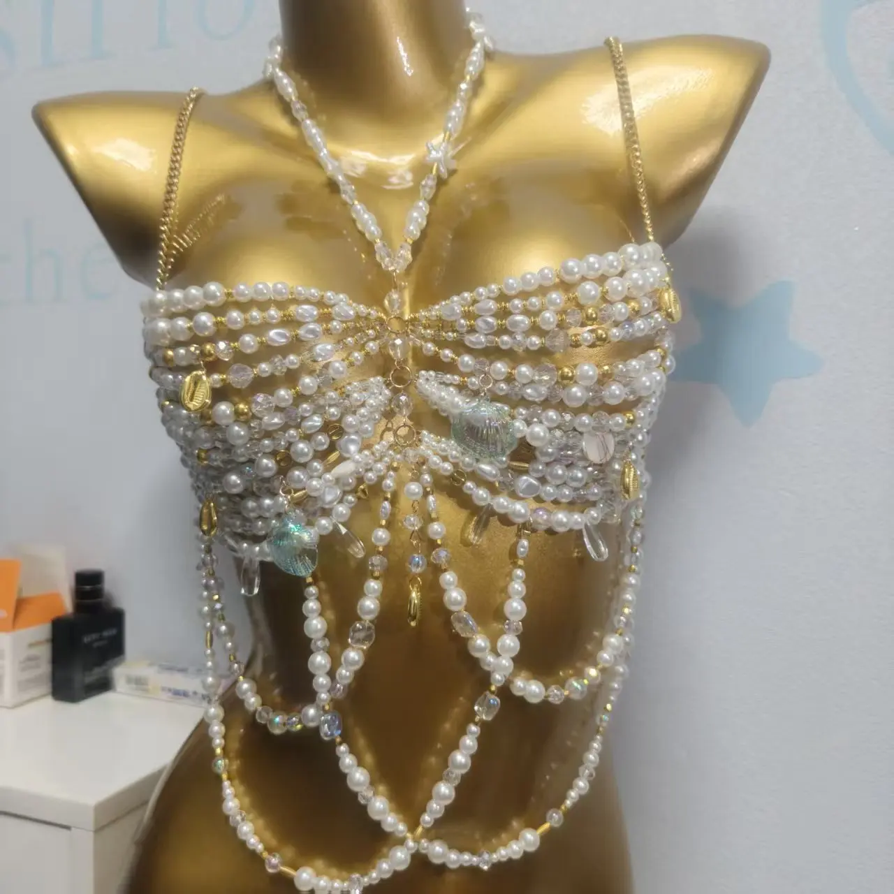 European And American Style Handmade Beaded Tassel Chest Chain Tank Top, Women'S Beach Party Sexy Body Beaded Top Popular