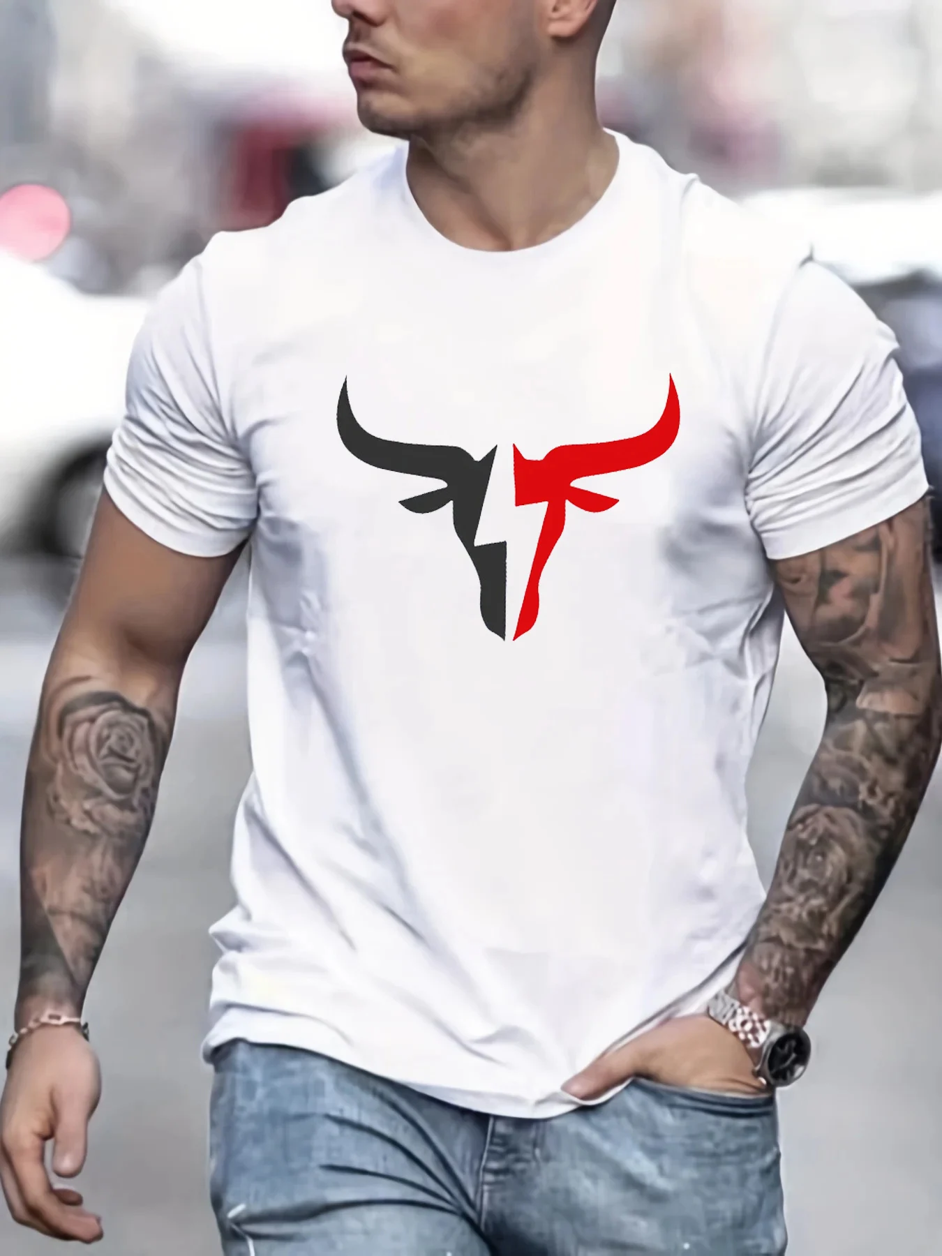 Men's printed summer T-shirt, made of polyester material, street fashion round neck T-shirt