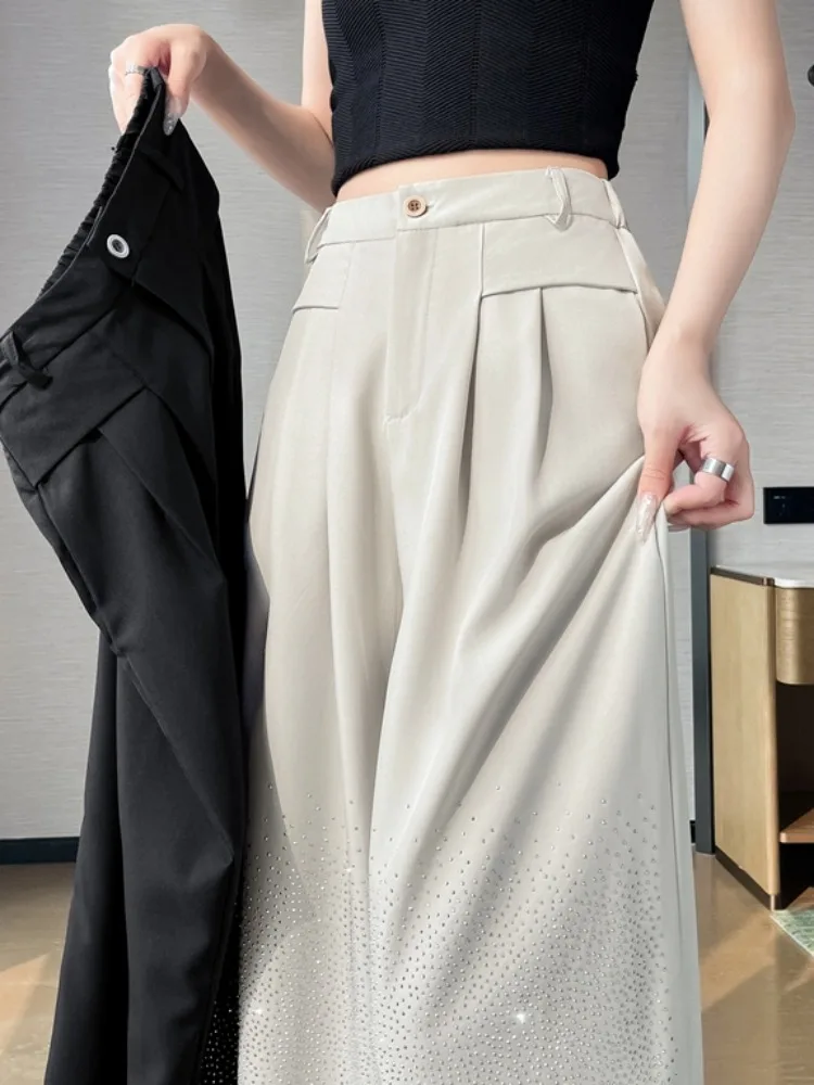 

Shiny Rhinestone Suit Wide Leg Pants Women Summer New High Waist Pleated Drapey Slim Straight Loose Casual Trousers