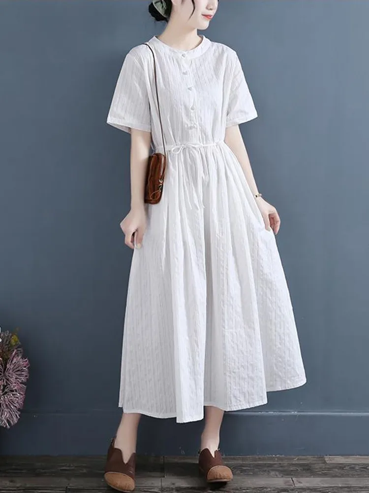 High Quality Women Casual Dresses New Arrival 2023 Summer Vintage Style Solid Color Loose Female Cotton Long Dress D524