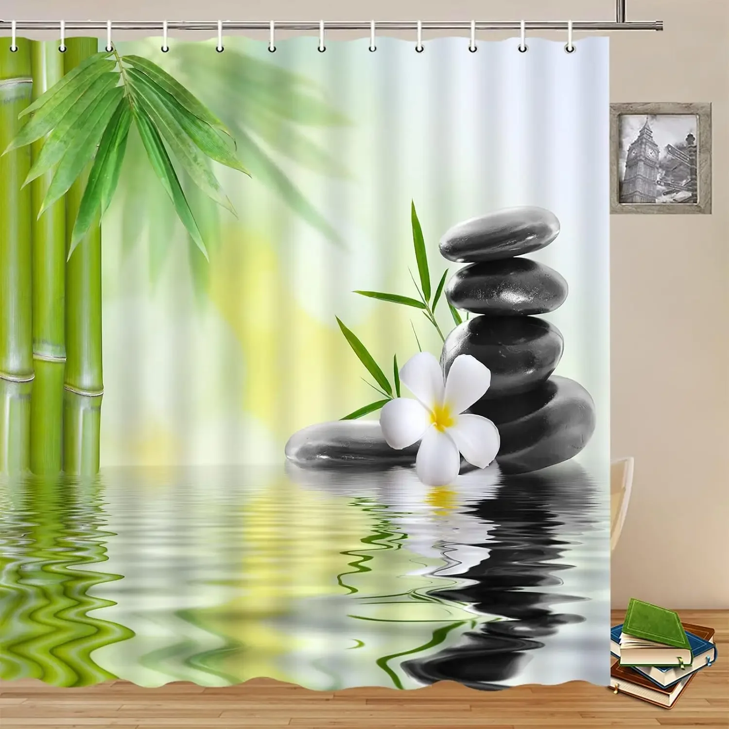 Bamboo Zen Shower Curtain Green Nature Forest Stone Spa Candle Summer Tropical Bamboo Forest Orchid Bathroom Decor With Hook Set