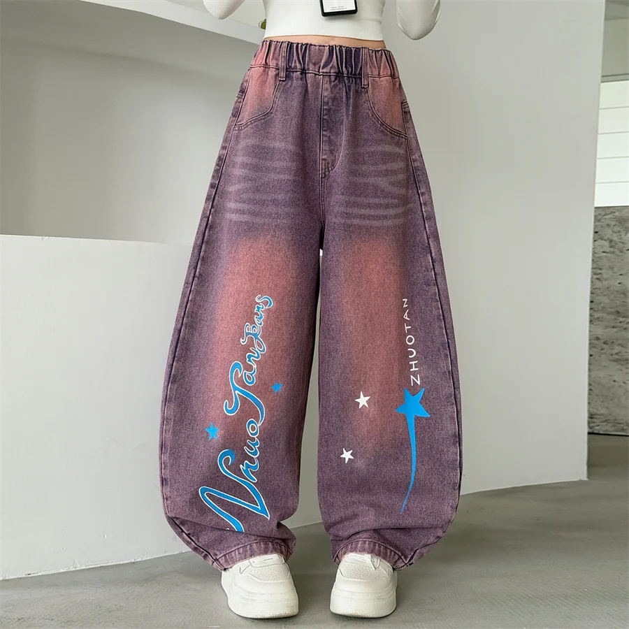 Korean Street Style Children Spring Wide Leg Multi-Colored Curved Jeans with Letters Print for Kids Girls Hiphop Denim Pants