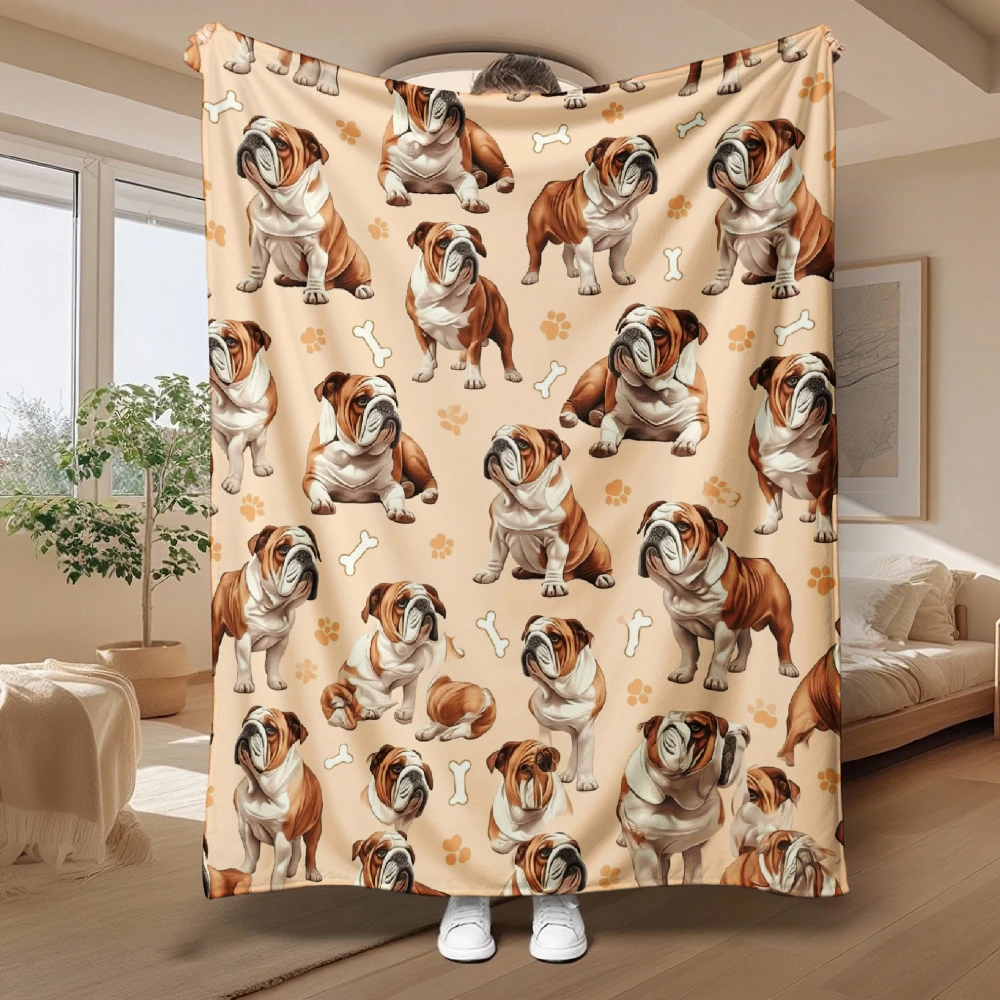 Adorable Bulldog Pattern, Gift for Dog Lovers, Soft Cozy Blanket, Cute Puppy Print Home Decor, Multi-Purpose Bed Sofa Throw