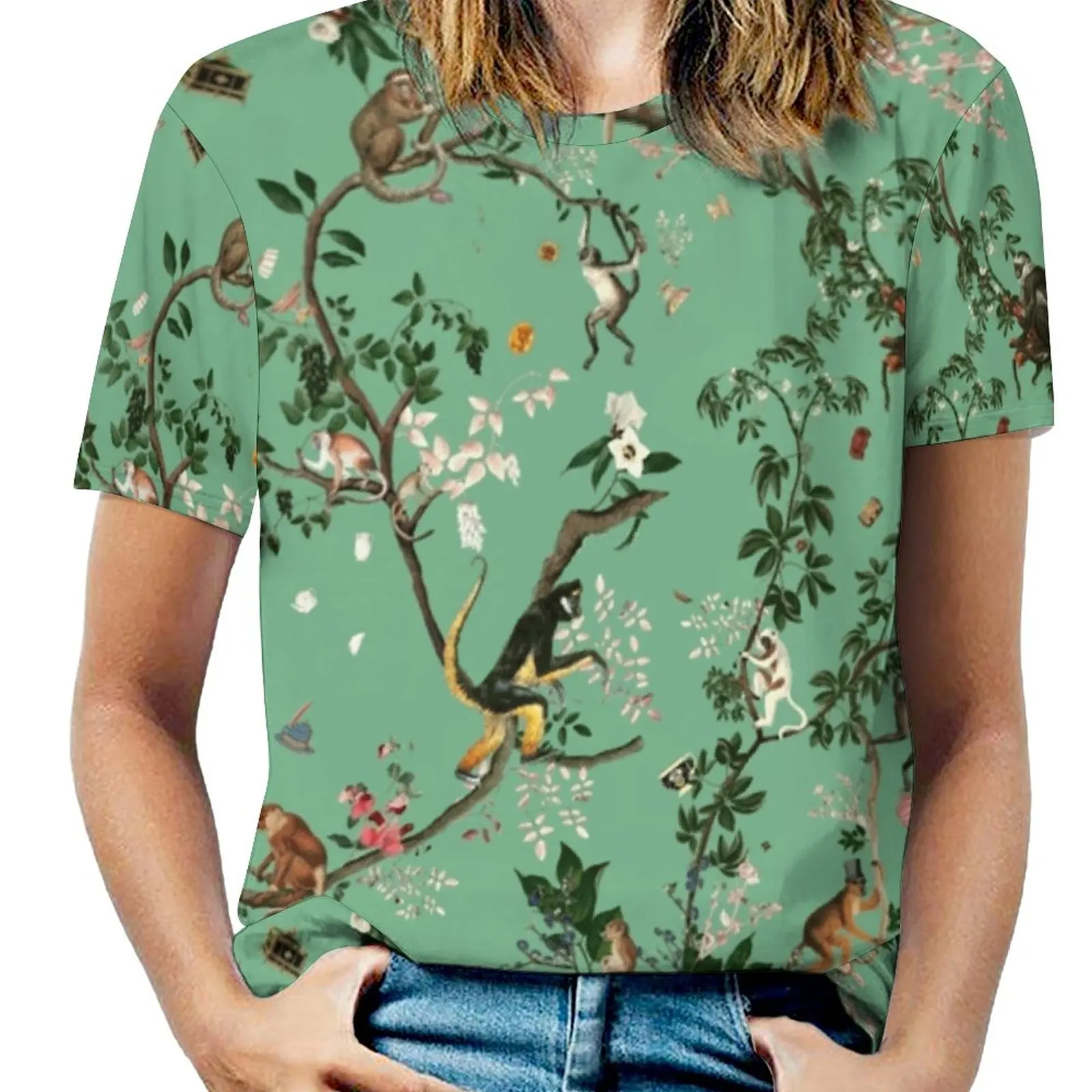 Monkey World Green Fashion Print Women Ladies Girls T-Shirt Harajuku Round Neck Short Sleeve Tops & Tees Monkey Green Flower