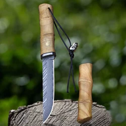 Japanese (stick insect) Damascus Steel hunting straight knife, outdoor camping survival knife, jungle EDC knife