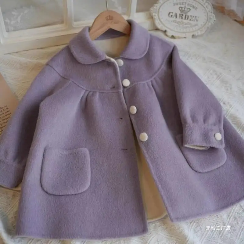 

Осенне-зимнее двустороннее шерстяное пальто для девочек, детская верхняя одежда средней длины, толстовка с капюшоном, одежда для дома большого размера, куртка, детская одежда