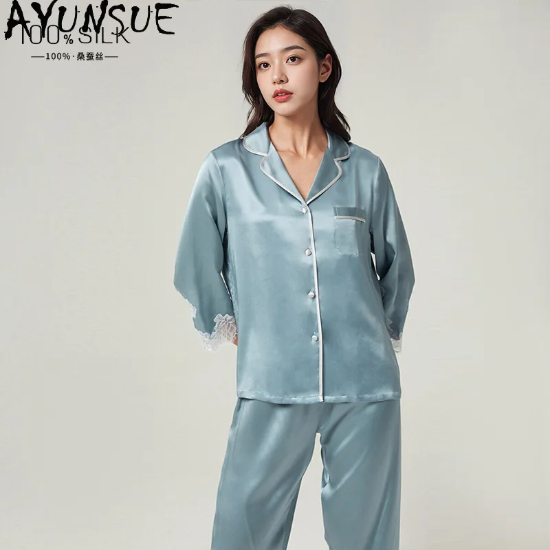 

AYUNSUE 100% Silk Womens Matching Sets Casual Pajama Sets Half Sleeve Tops Long Pants Pajamas for Women Spring Autumn Пижама