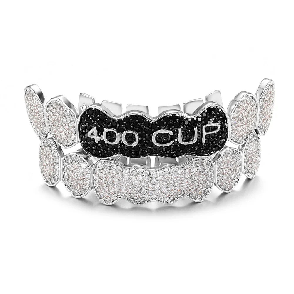 Hip Hop Full Bling CZ Teeth Grillz Caps Brass Cubic Zircon Iced Out Charm Grills For Men Women Jewelry Xmas Gift
