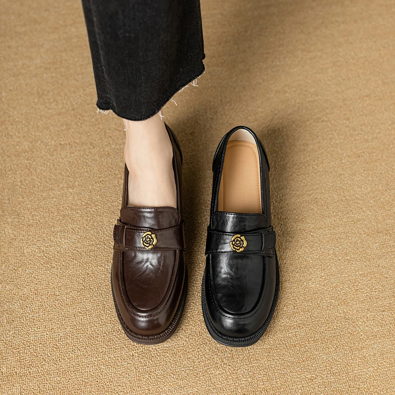 

DIMANYU Women's Retro Loafers Genuine Leather Buckle Thick Heel Slip-On Oxford Shoes Women British Style Casual Women's Shoes