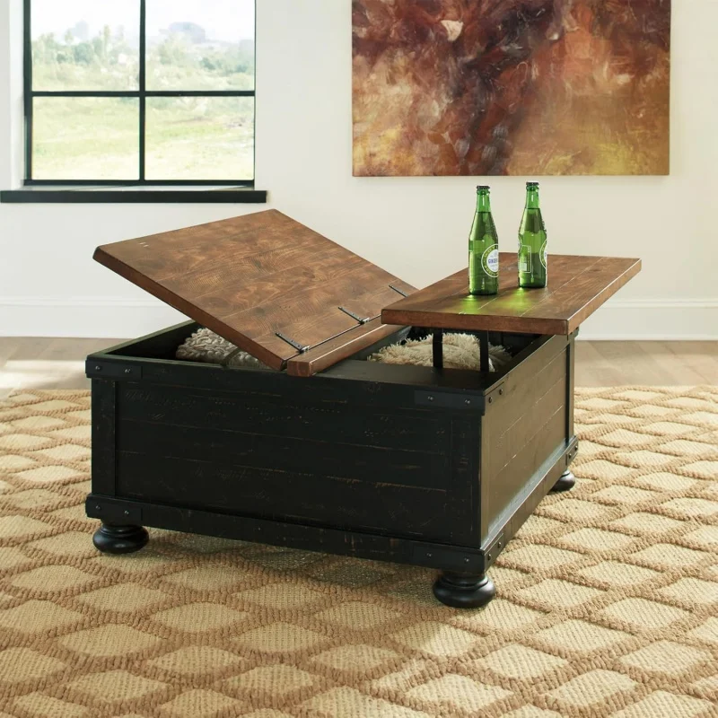 36 Lift-Top Coffee Table, Split-Top Design & Hidden Storage, Two-Tone Distressed Brown/Black Wood, Scratch-Resistant & Sturdy