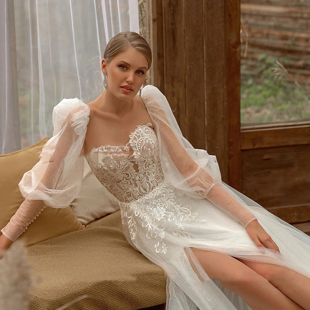 Abiti da sposa Vintage BOHO 2024 Tulle a-line abiti da sposa maniche lunghe a sbuffo abiti Sexy spacco laterale abiti semplici De Novia 2023