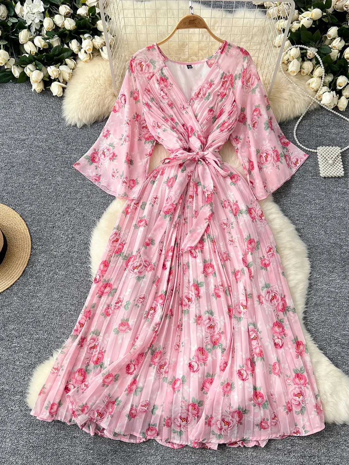 

Summer Vintage Women Printed Chiffon Long Dress Elegant V-Neck Flare Sleeve High Waist A-Line Draped Vestidos Robe New Fashion