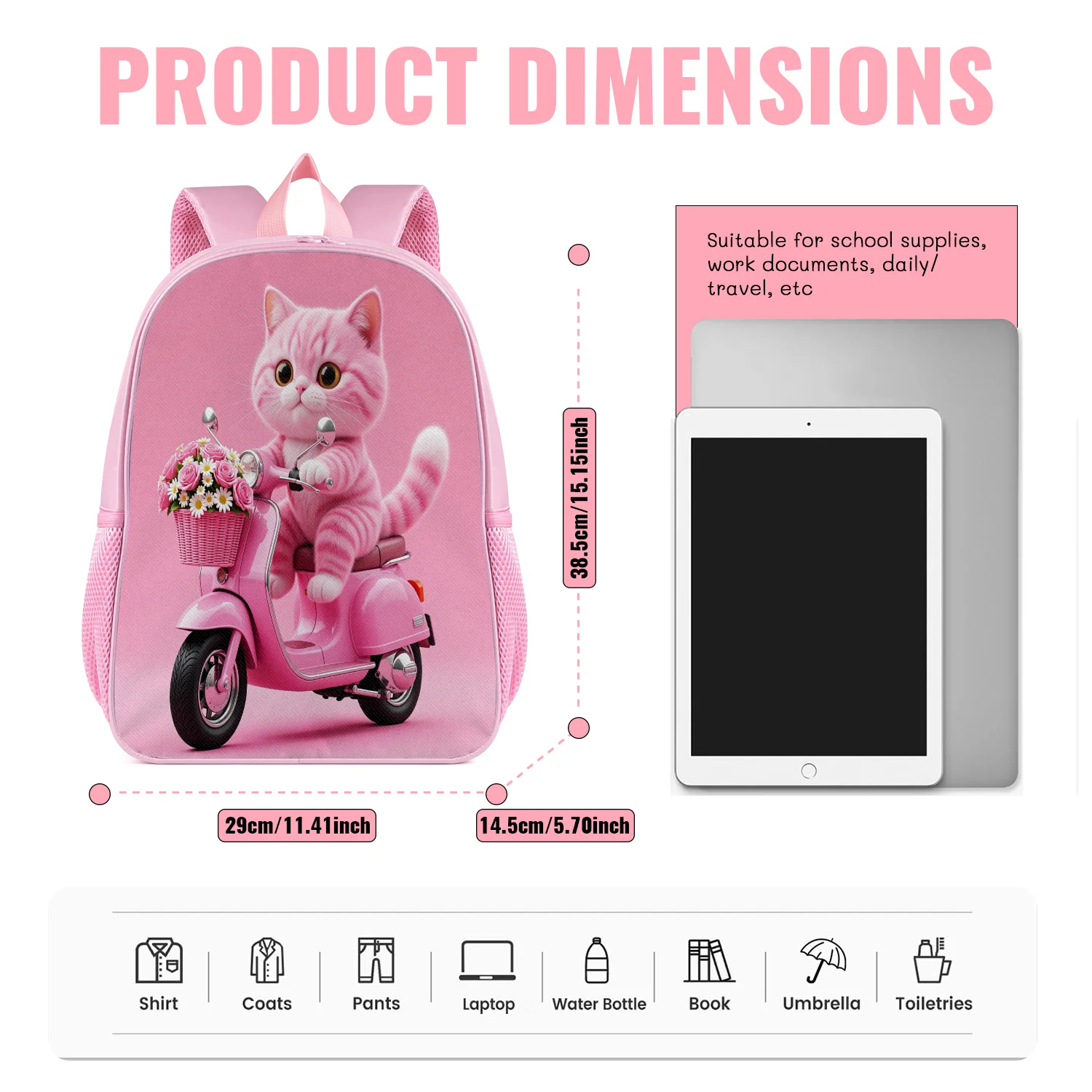 Cute Pink Cat Kitten Backpack Lightweight School Bookbag with Scooter Flower Rose Print Adjustable Padded Straps