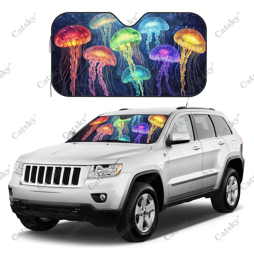 Colorful Glowing Jellyfish Car Windshield Sunshade,Auto Accessories Front Windshield Sun Shade Blocks Uv Ray Sun Visor Protector