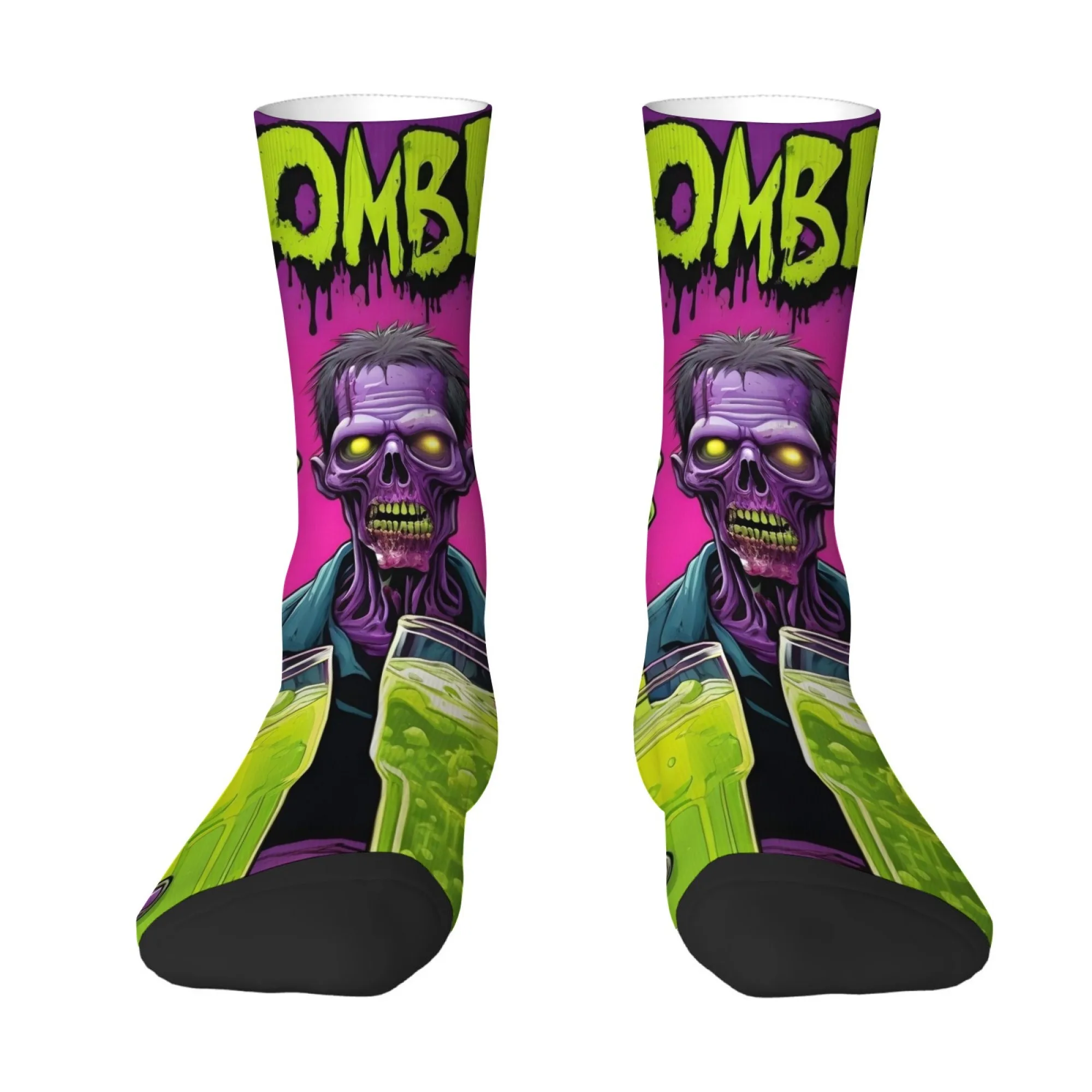 1 Pair Novelty Men Crew Socks Bold Green Zombie Pattern Print Comfort Fit Random Unique Design for Casual Wear & Themed Events