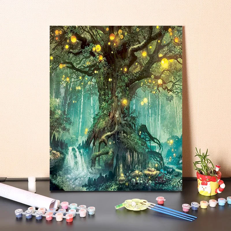 数字による油絵,魔法の森の木,アンティークの木,抽象的な絵画,芸術的な