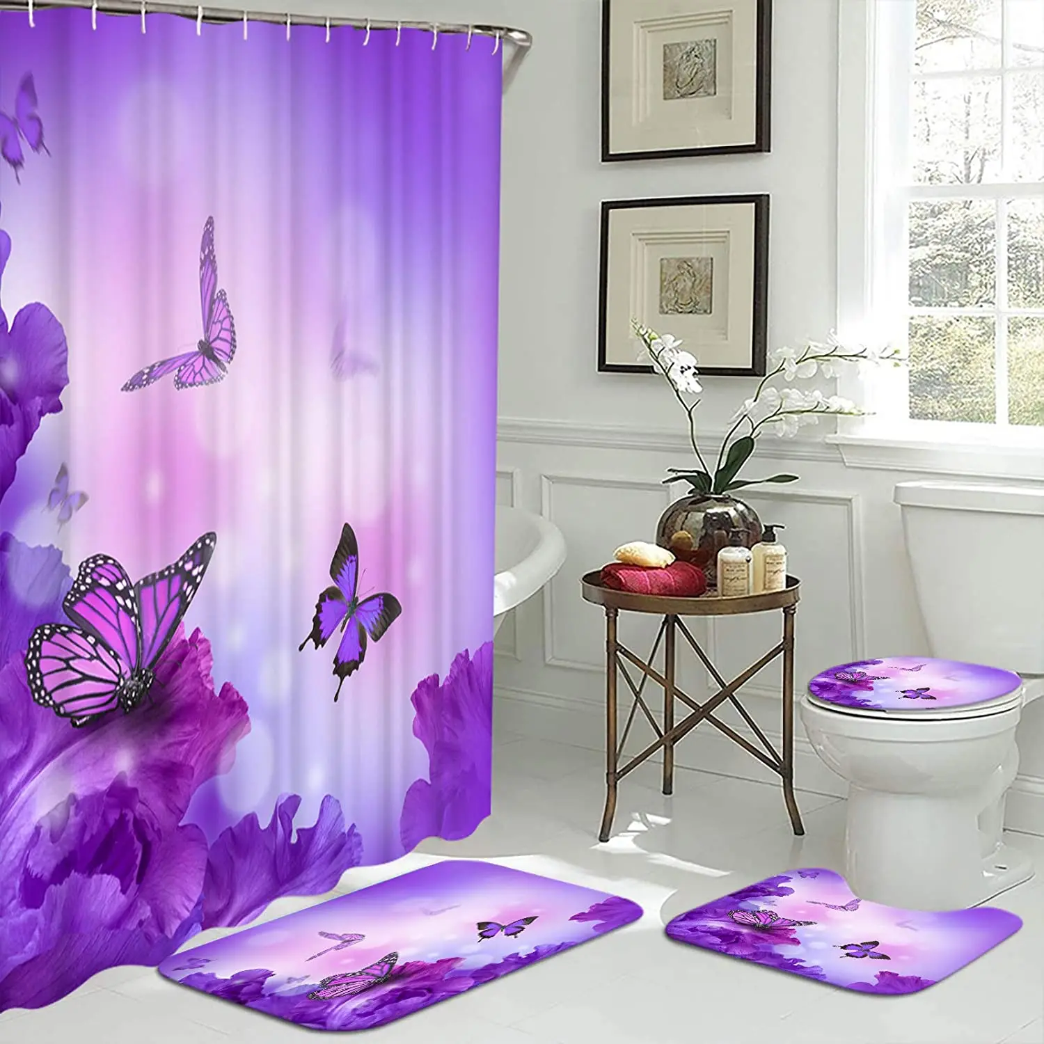 Home Purple Flower Butterfly Waterproof Print Shower Curtain 4 Piece Carpet Cover Toilet  Bath Mat Pad Set Bathroom 