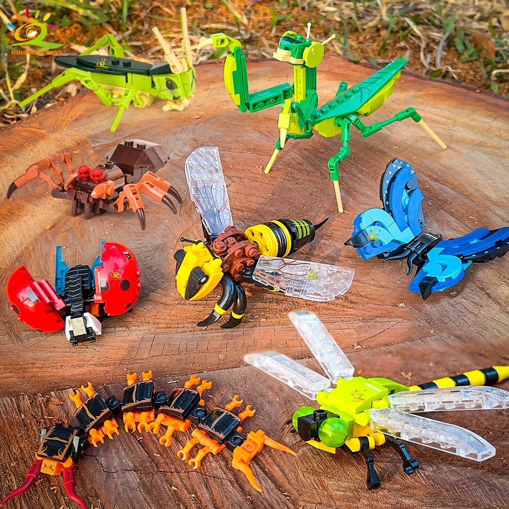 HUIQIBAO Creative Moc Insect Building Blocks Bee Dragonfly Ant Mantis Butterfly Children's Assembled Toys Animal Ornaments Gifts