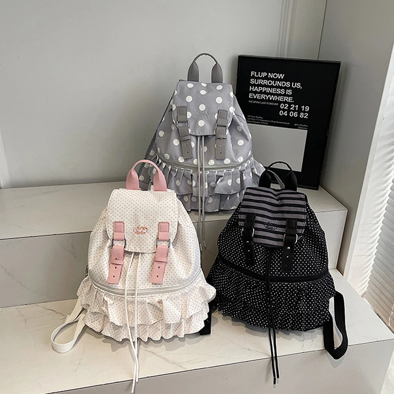 Ruffles Spliced Polka Dot Print Backpack Large Capacity Holiday Travel Drawstring Backpack Korean Sweet Schoolbag