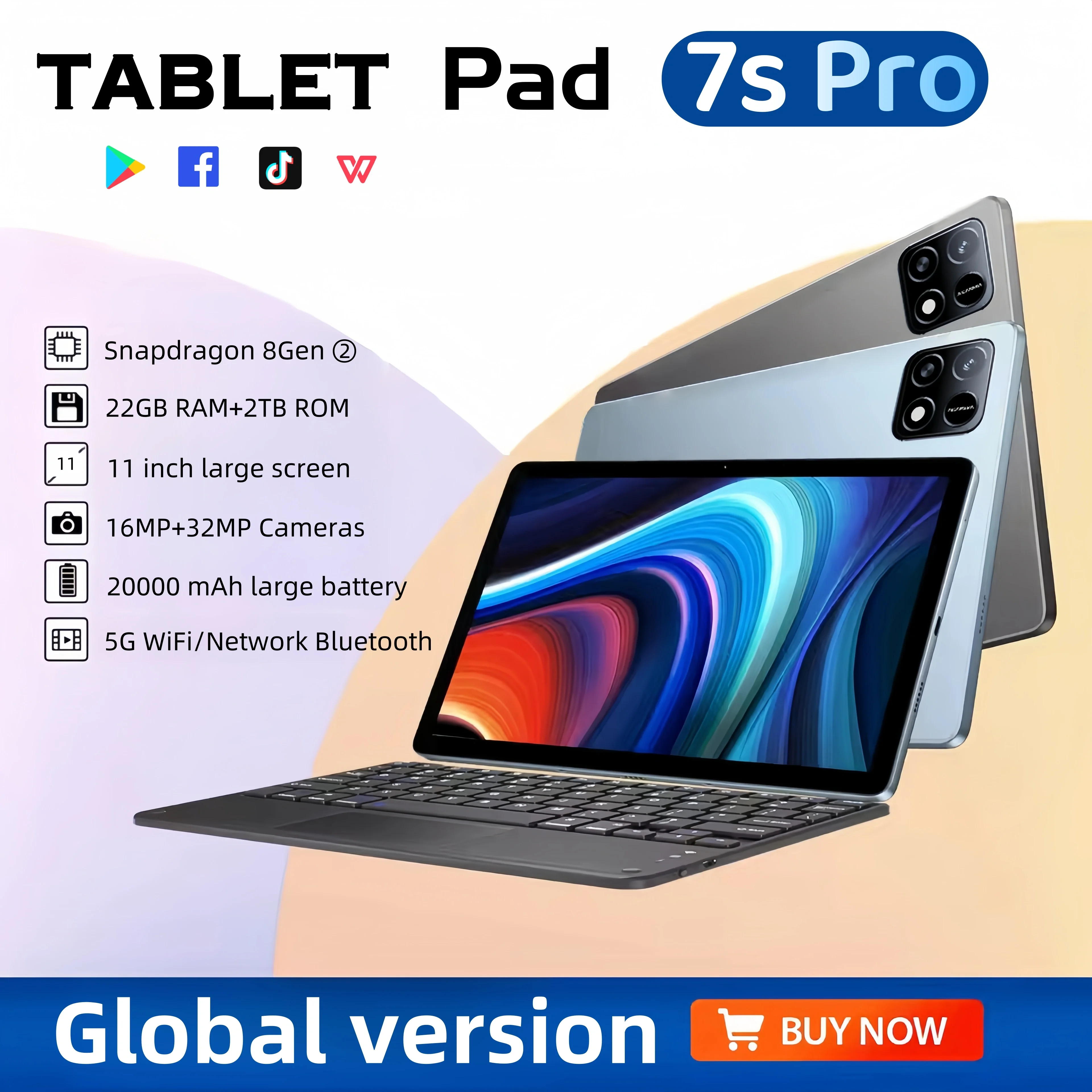 2025 almofada original 7s pro 11 polegadas android 14 22gb 2tb tablet pc snapdragon 8 gen2 5g duplo sim bluetooth wifi 4k tablet