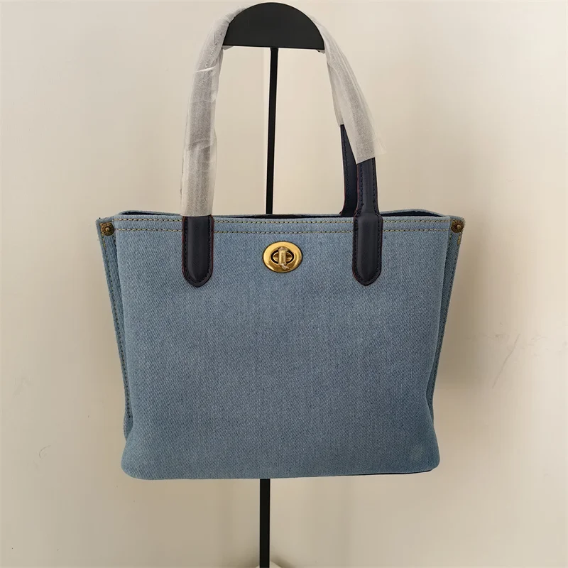 Fashion Denim Blue Tote Bags for Women Luxury Design Ladies Simple Lock Decorate Handabg Simple Shopping Shoulder Crossbody Bag