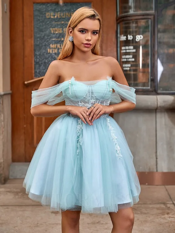 Short Blue Prom Dresses Lace Applique Off Shoulder Illusion Birthday for Women elegant Womens Party Evening Gowns