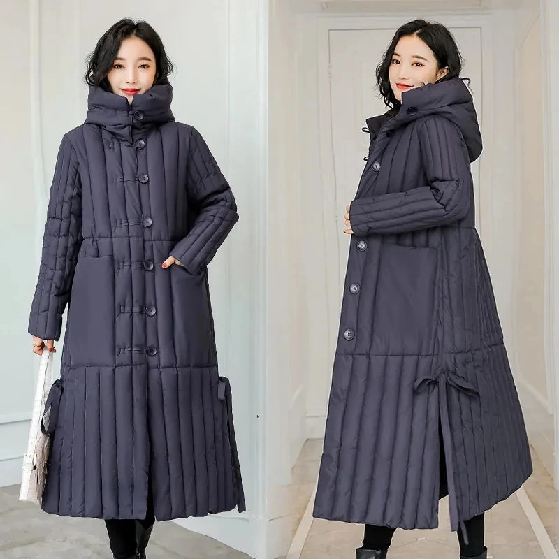 Down Cotton Coat Women 2023 New Artsy Vintage Loose Versatile Winter Jacket Female Hooded Large Size Thick Warm Over Knee Parkas