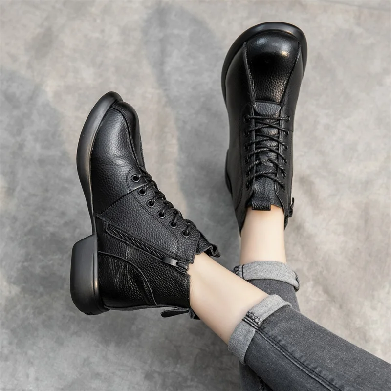 GKTINOO 2024 Winter Women Ankle Boots Genuine Leather Thick Heel Zipper Soft Soled Retro Style Casual Mother Short Boots