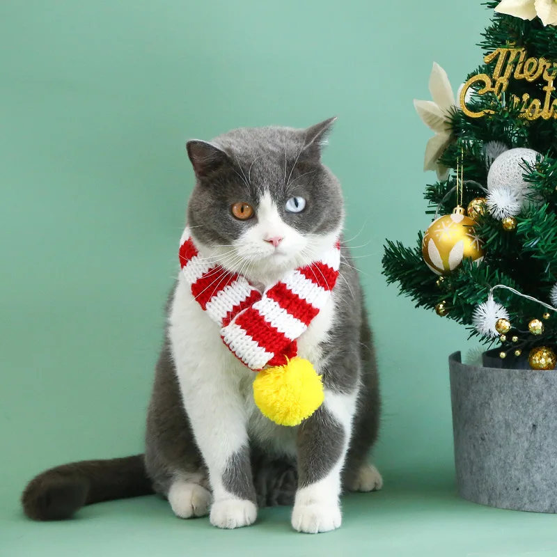 Natal malha listrado bonito pet cachecol, vermelho e verde série vestir, espessamento quente babador foto, bola de linha de cabelo coelho gato e cachorro