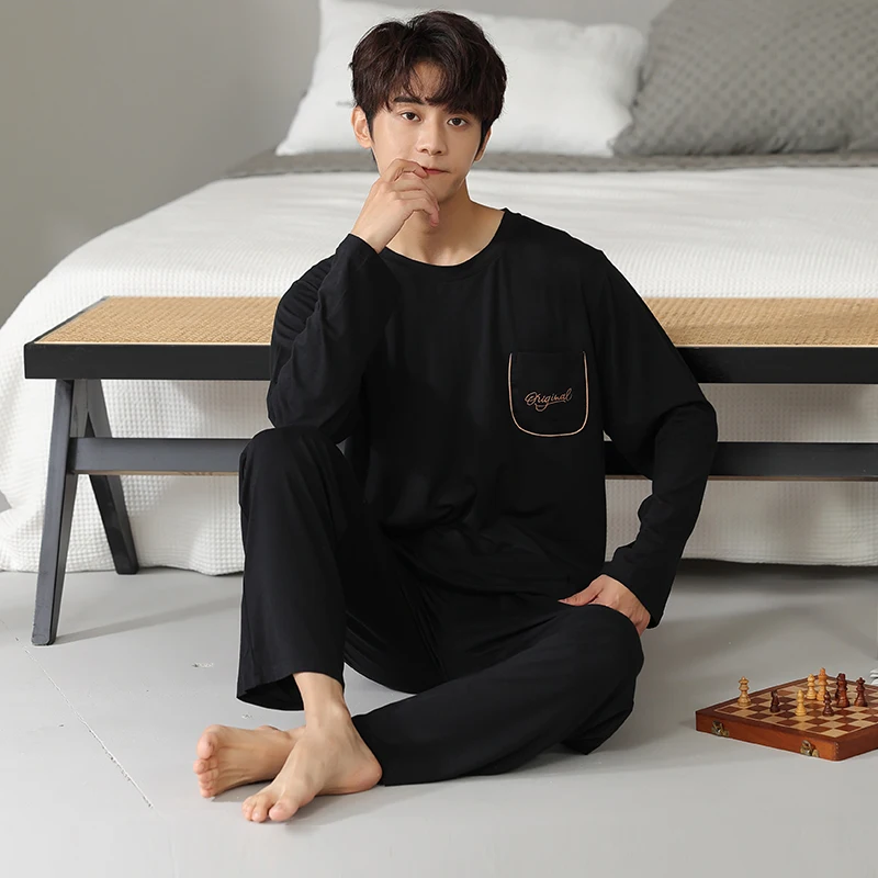 Newest M-4XL Spring and Autumn Mens Casual Pajamas Set Modal Long Sleeve Solid Sleepwear