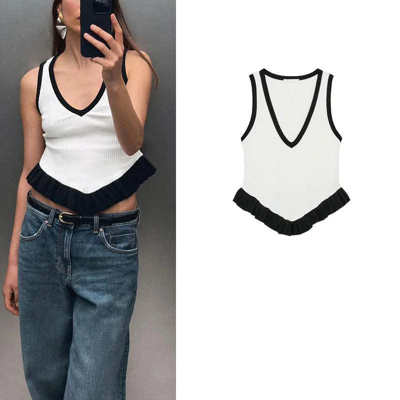 Top sin Mangas con Cuello en V, Diseño de Bloques de Color Tejido en Capas, Sexy y Moderno, para Mujer, Nuevo Modelo de Veran...