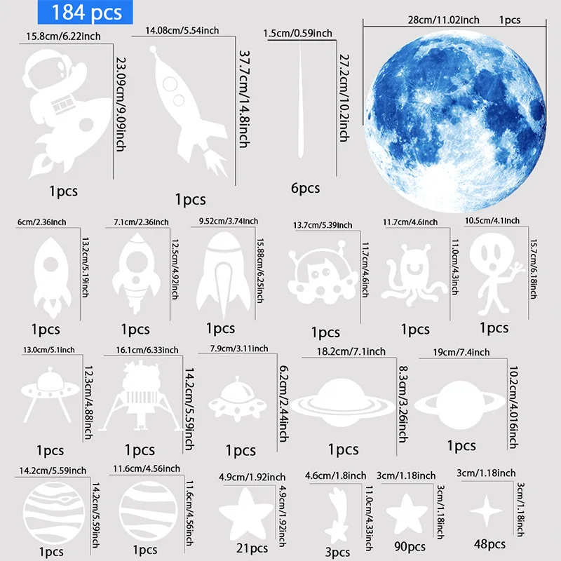 184 قطعة من ملصقات الفلورسنت المتوهجة في الظلام موضوع الفضاء نجوم القمر سفن الفضاء ، ديكور غرفة الأطفال ملصق كرتوني ذاتي اللصق