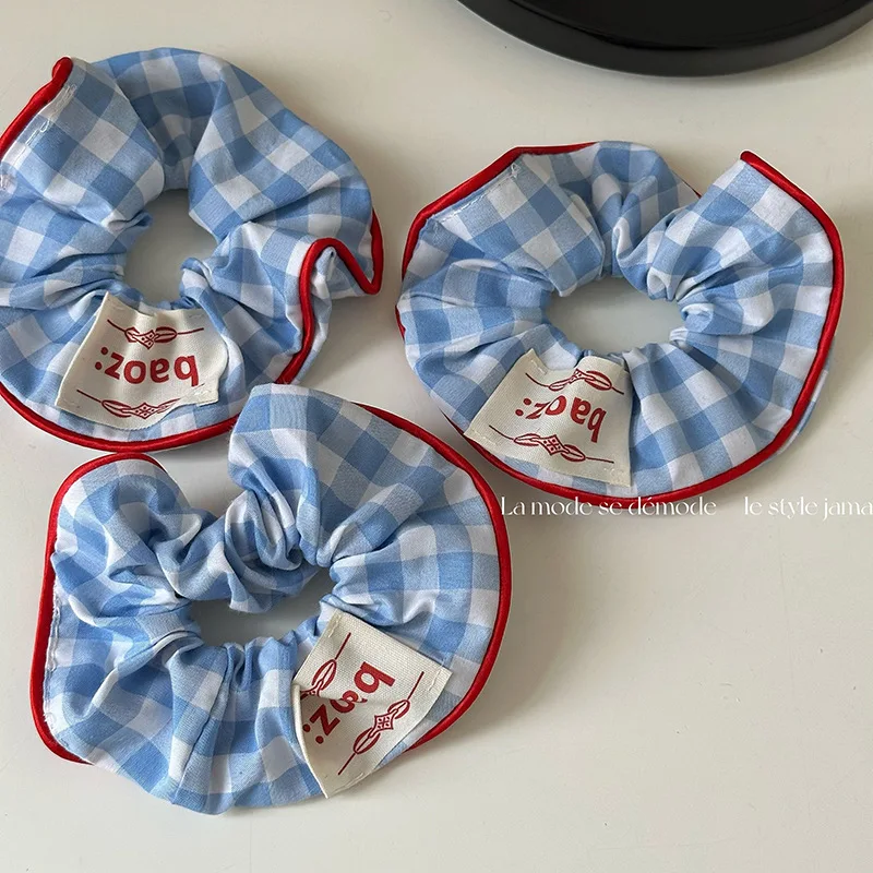 Cute Large Plaid Grid Scrunchies White Blue Color Hair Tie Ponytail Holder Elastic Hair Band Rubber Bands Women Hair Accessories