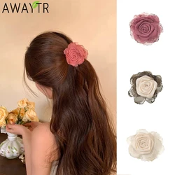 AWAYTR Lace Rose Bud Hair Claws Mesh Floral Hair Clips Crab For Women Girl Gift Hair Accessories Valentine Headwear