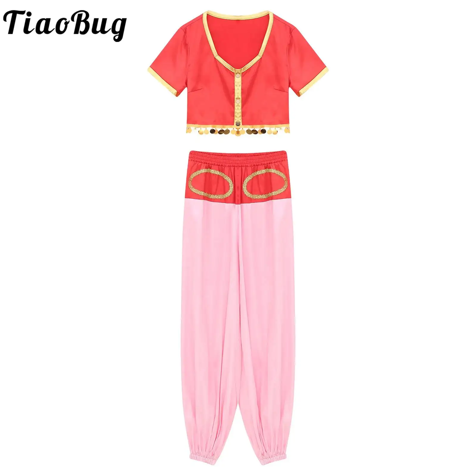 

Women Belly Dance Performance Sets Sequins Decor Satin Crop Top with Bloomers Pants for Belly Indian Dance Competition Outfits