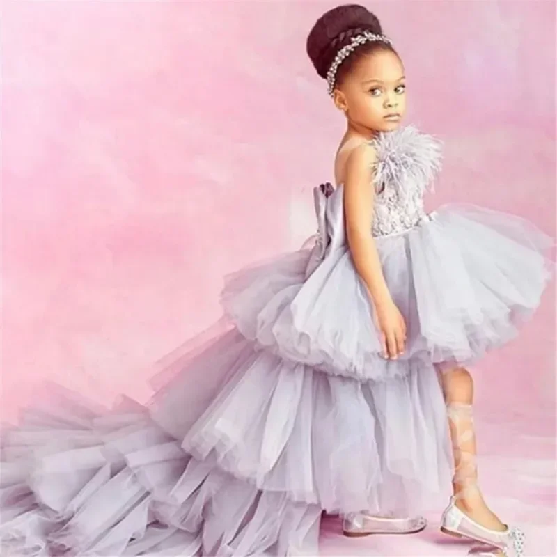 

Gray Flower Girl Dresses Feathers Bow Assymetrical Sleeveless O-Neck Baby Girl Wedding Birthday Party Prom Holiday Dress