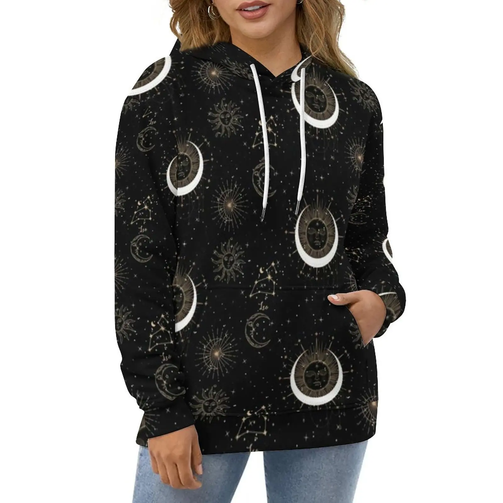 

Vintage Symbol Hoodies Sun Moon Stars Print Hip Hop Casual Hoodie Long-Sleeve Y2k Printed Sweatshirts Large Size