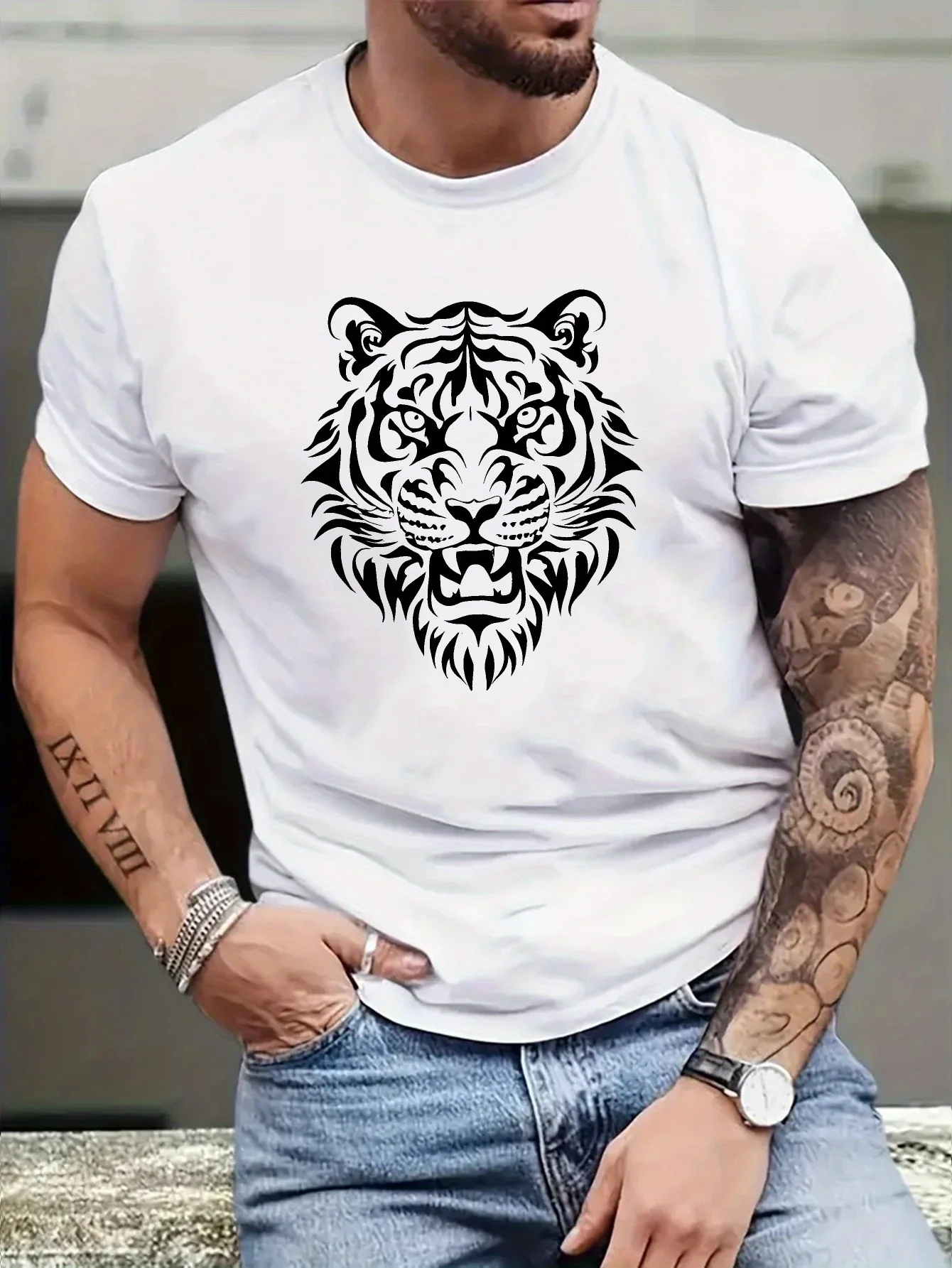 Herren-T-Shirt mit Tiger-Print für den Sommer, 100 % Baumwolle, geeignet für den täglichen Gebrauch, modisch und trendig, vielseitig und bequem