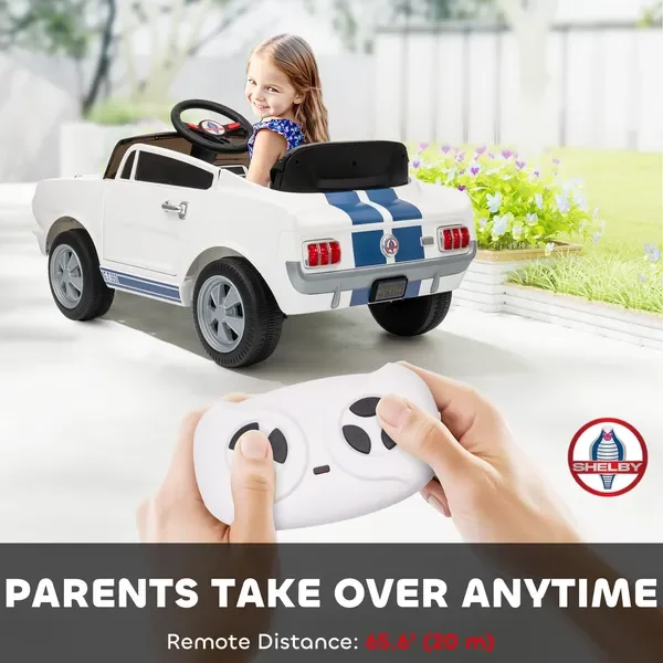 Coche Ford Shelby GT 350 para niños con control remoto, velocidad ajustable, MP3, arranque suave, luces LED, blanco