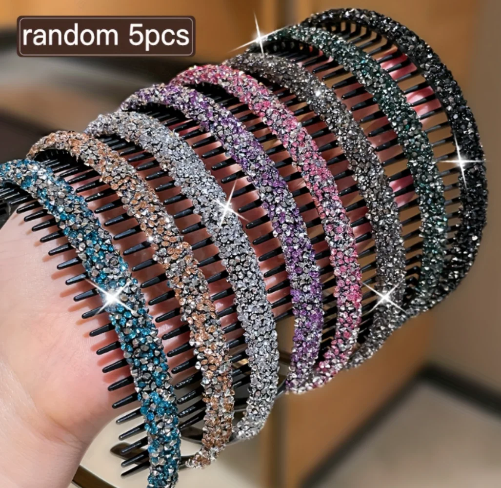 Random 5-Pack Full Rhinestone Toothed Headbands, Sparkling Style, Suitable for Flyaway Control / Daily Commute / Party Styling