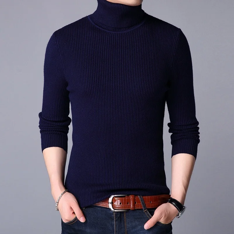 2022 New Men High Neck Knitted Pullover Bottoming Sweater Male Fashion Casual Slim Solid Color Stretch Sweater