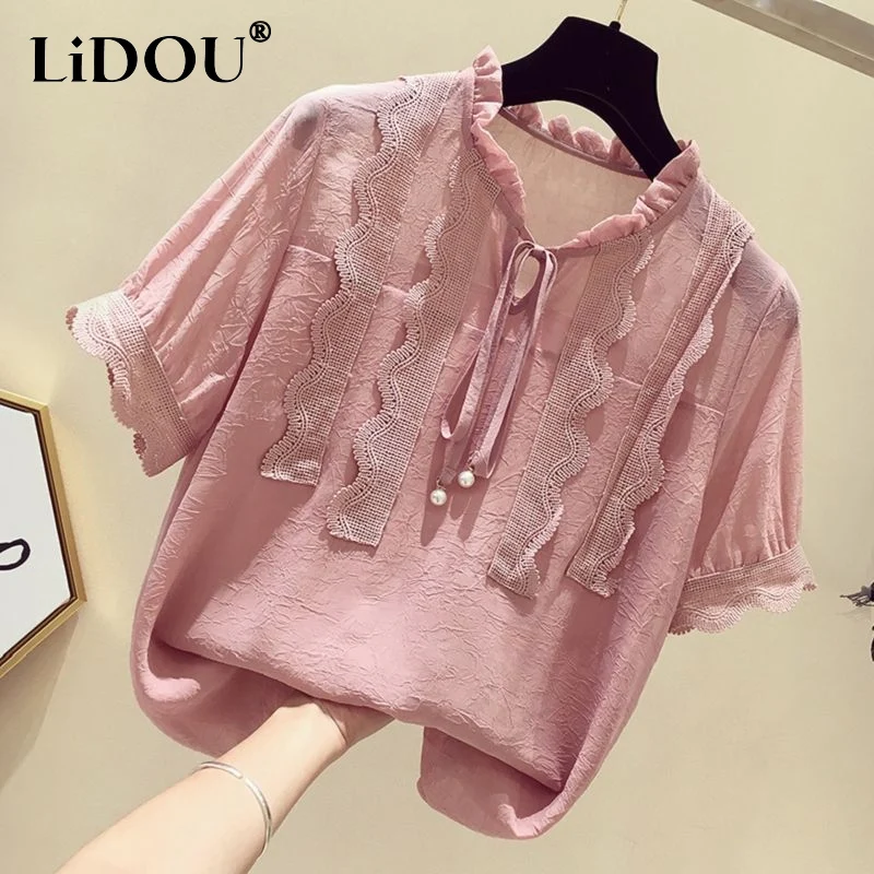 

Summer Solid Color Round Neck Chic Blouses Lacing Short Sleeve Chiffon Shirt Women Clothing Fashion Elegant Lace Patchwork Tops